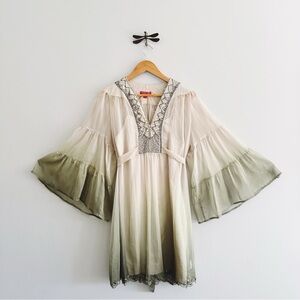 Y2K Bohemian Ombre Bell Sleeve Beaded Mini Dress Medium